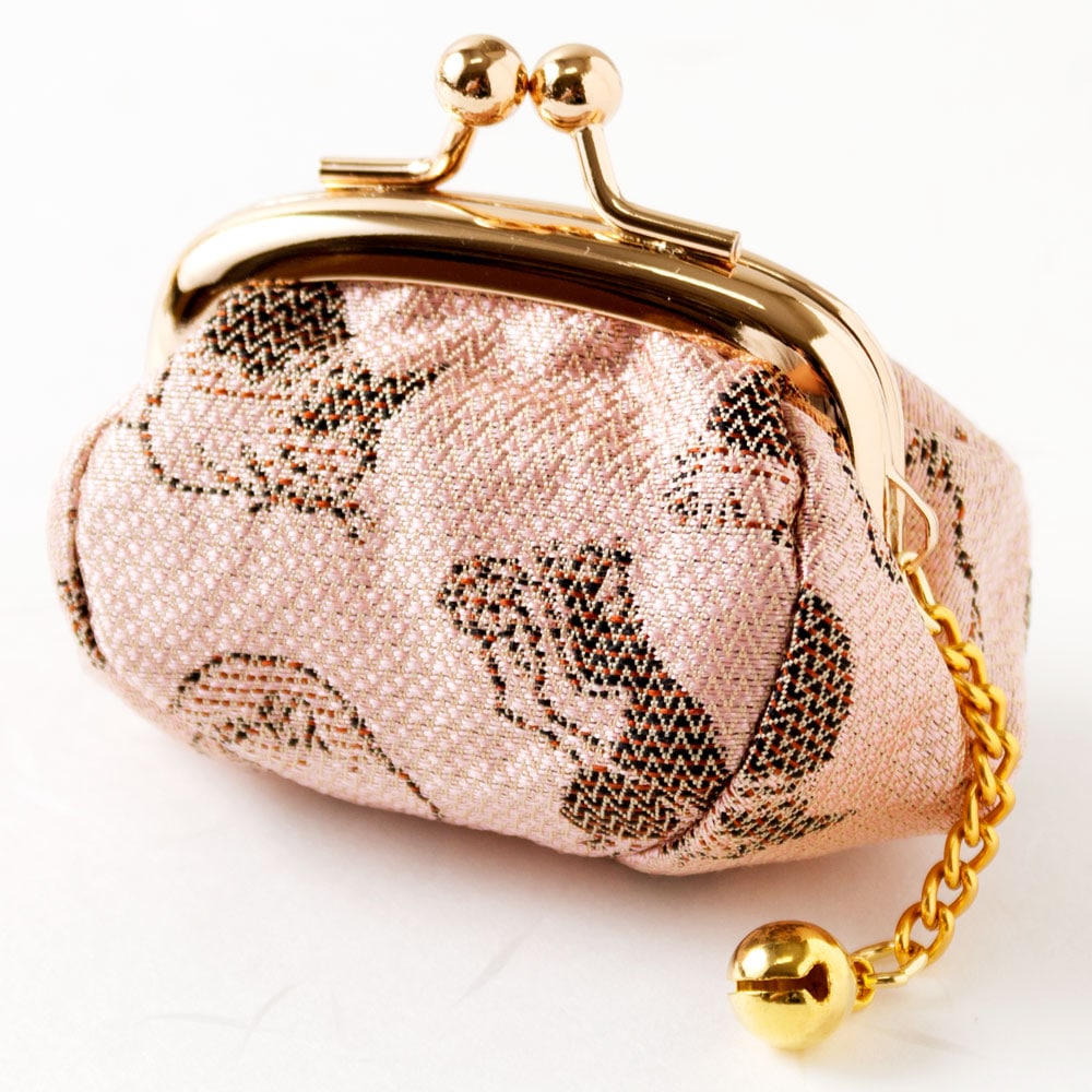 京都 あらいそ　西陣織名物裂　ねこ尽くし小銭入れ・鈴付き　桃　がま口　Kyoto nishijin  Coin purse