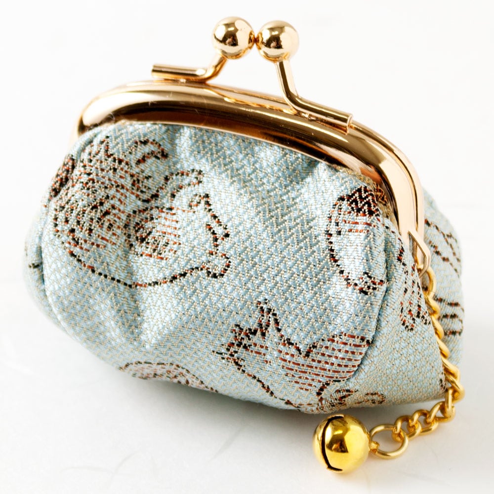 京都 あらいそ　西陣織名物裂　ねこ尽くし小銭入れ・鈴付き　青　がま口　Kyoto nishijin  Coin purse