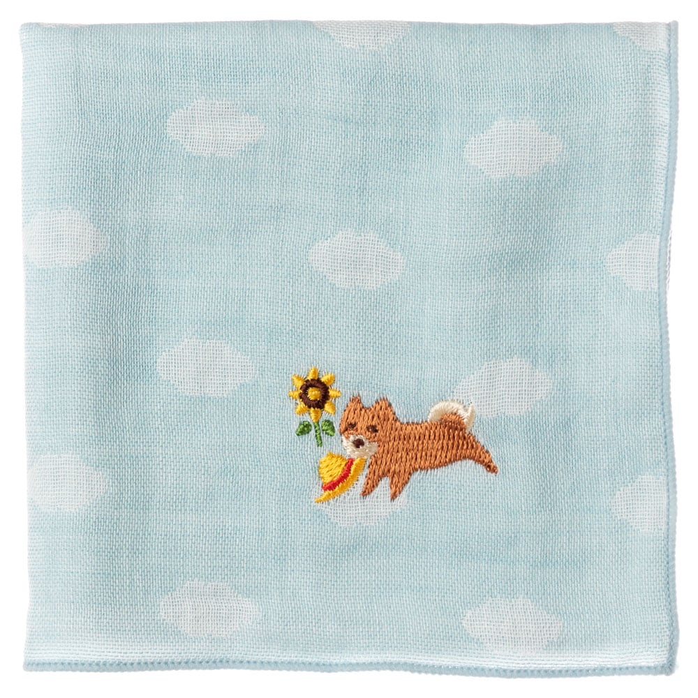 季節の和ハンカチ　向日葵いぬ　刺繍入りガーゼハンカチ　スーベニール　Japanese pattern embroidered gauze handkerchief