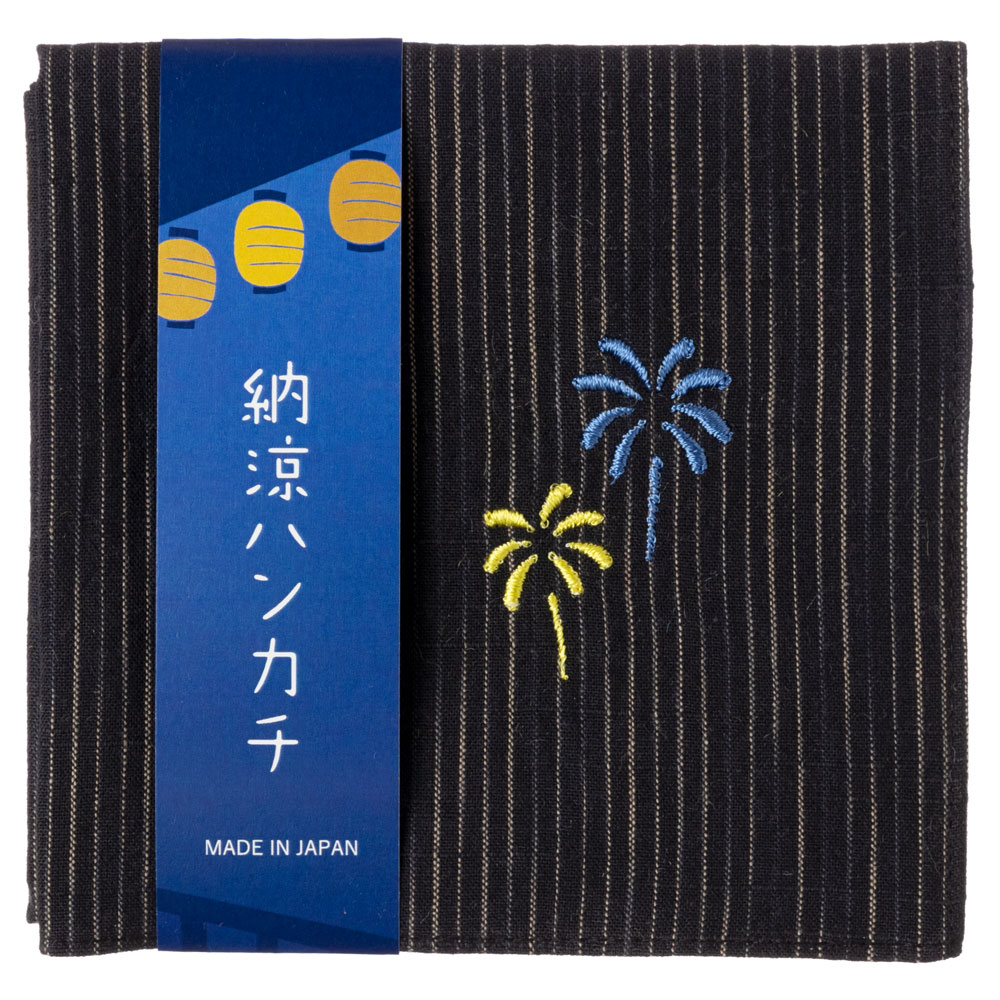 納涼ハンカチ　花火　刺繍入りガーゼハンカチ　スーベニール　Japanese pattern embroidered gauze handkerchief