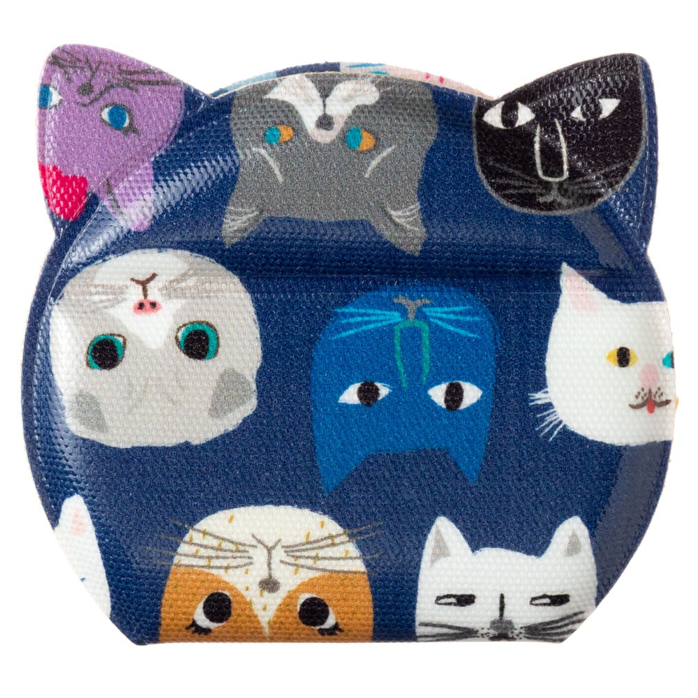 きてきて　猫型かがみ（ミニ）　猫博覧会柄あおいろ　鏡・コンパクトミラー　Compact mirror