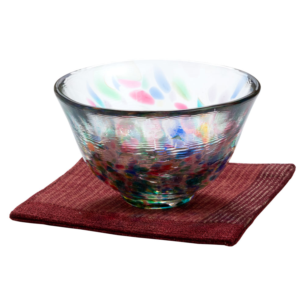 ガラス盃セット　ねぶた流し＋コースター赤　津軽びいどろの盃と福岡の和布コースター　Sake glass and cloth coaster set