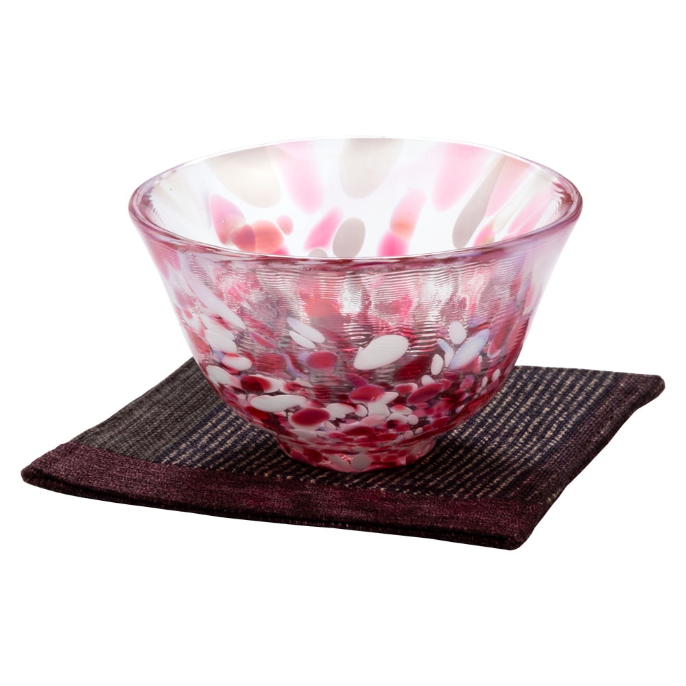 ガラス盃セット　桜吹雪＋コースター紫　津軽びいどろの盃と福岡の和布コースター　Sake glass and cloth coaster set