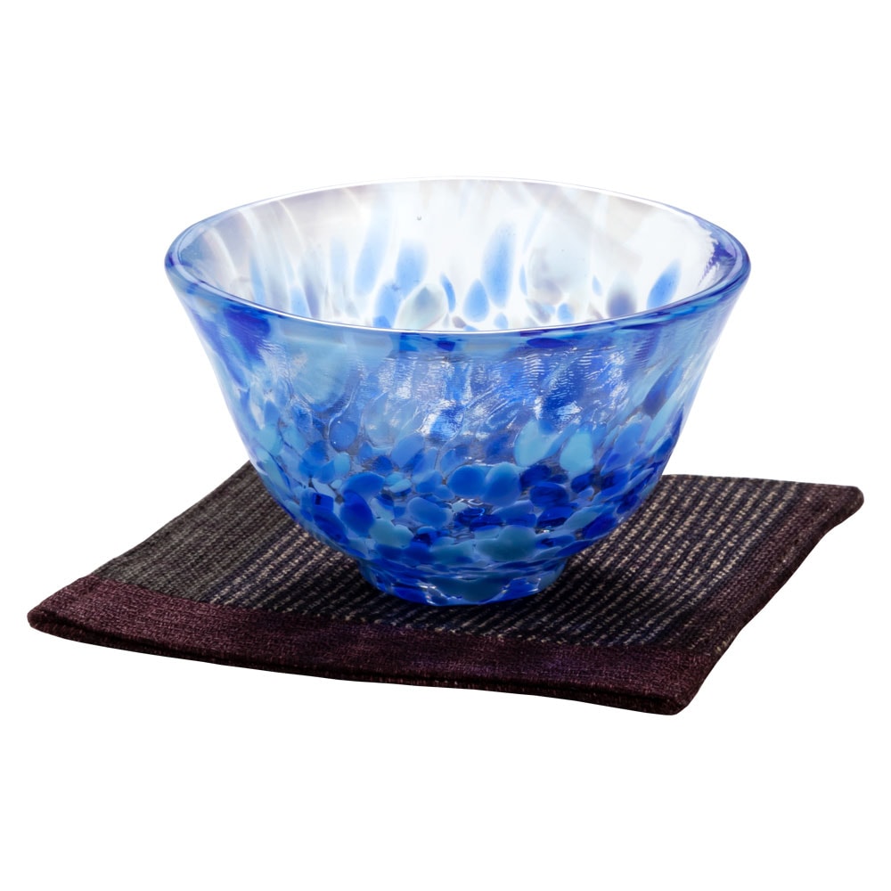 ガラス盃セット　岩清水＋コースター紫　津軽びいどろの盃と福岡の和布コースター　Sake glass and cloth coaster set