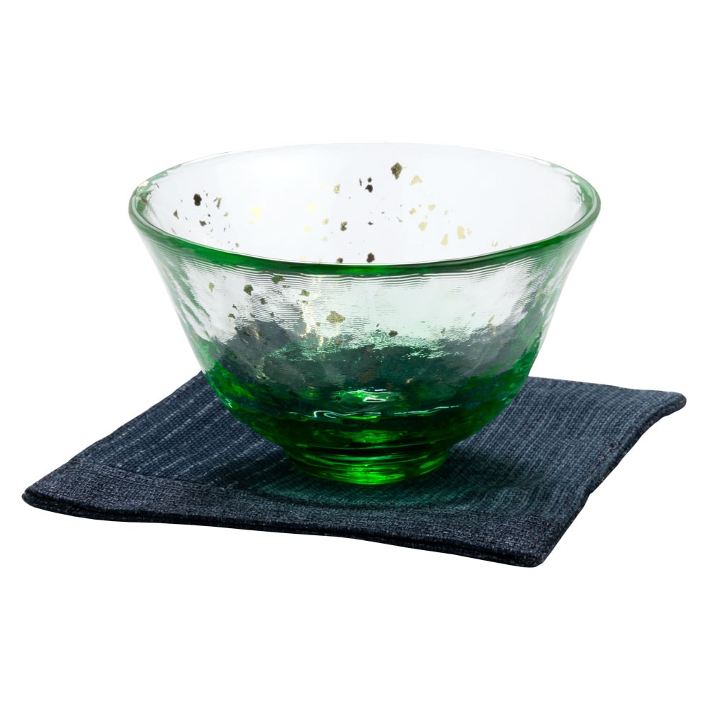ガラス盃セット　夕涼み＋コースター紺　津軽びいどろの盃と福岡の和布コースター　Sake glass and cloth coaster set