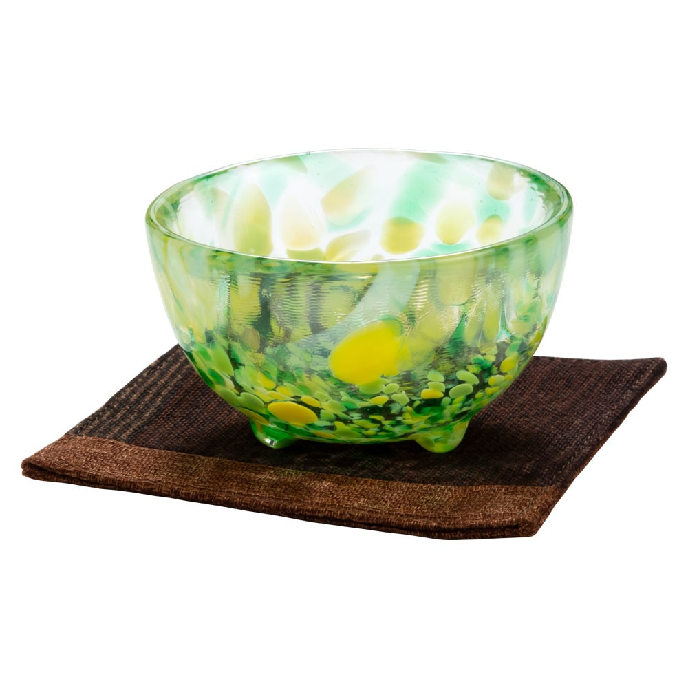 ガラス盃セット　木の芽＋コースター茶　津軽びいどろの盃と福岡の和布コースター　Sake glass and cloth coaster set