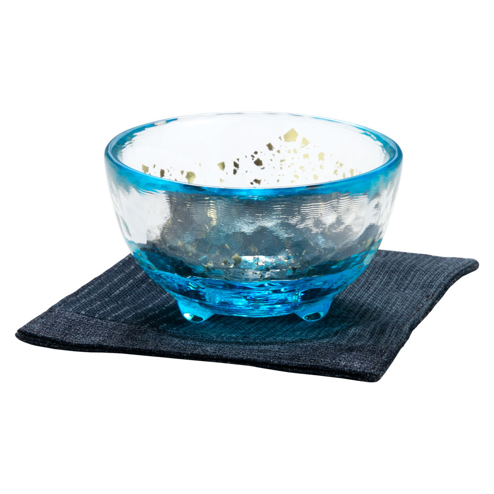 ガラス盃セット　朝の露＋コースター紺　津軽びいどろの盃と福岡の和布コースター　Sake glass and cloth coaster set