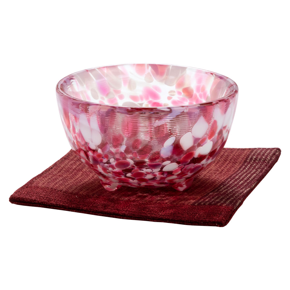 ガラス盃セット　春の宵＋コースター赤　津軽びいどろの盃と福岡の和布コースター　Sake glass and cloth coaster set