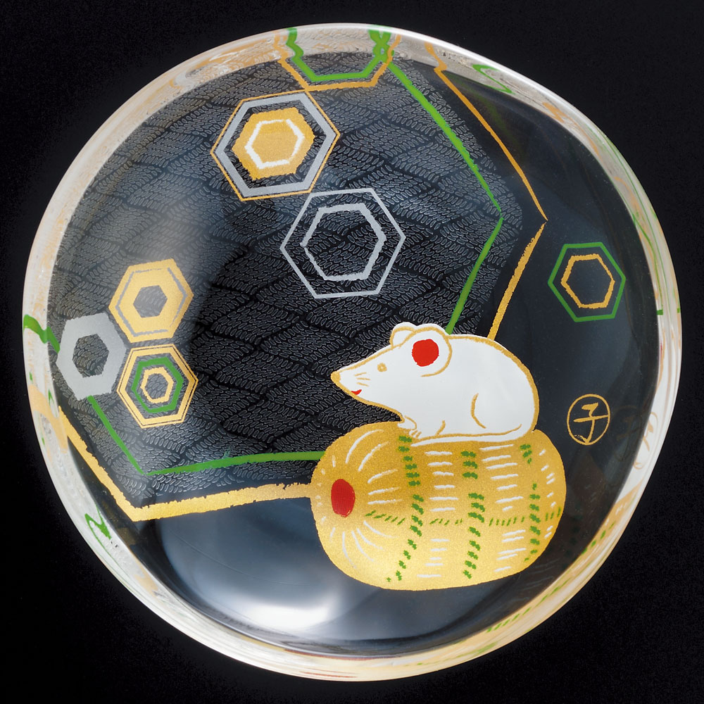 めでた干支　豆皿　子（ねずみ）　ガラス製　Small dish of Japanese zodiac　※在庫限り