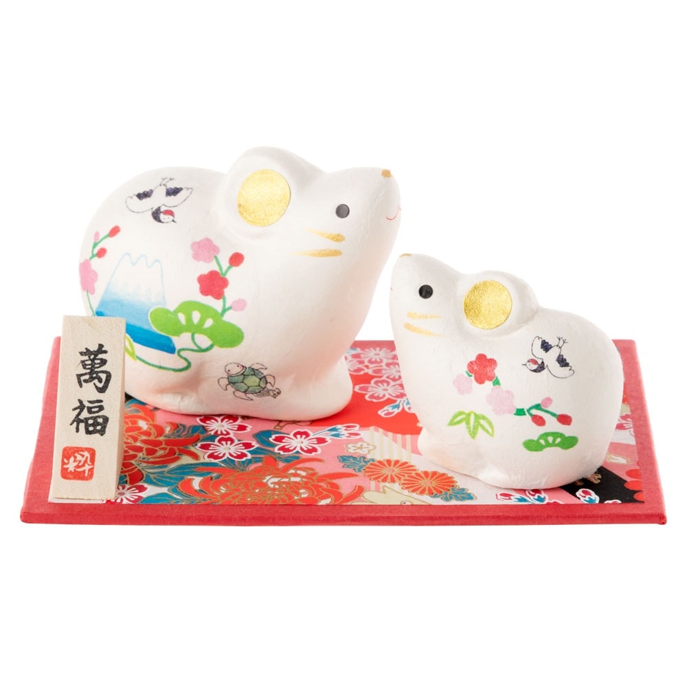 正月干支飾り　和紙貼招福親子飾り　子 (20967)　美濃和紙を貼った陶器の人形　岐阜県の工芸品　New Year's decoration  Japanese zodiac rat