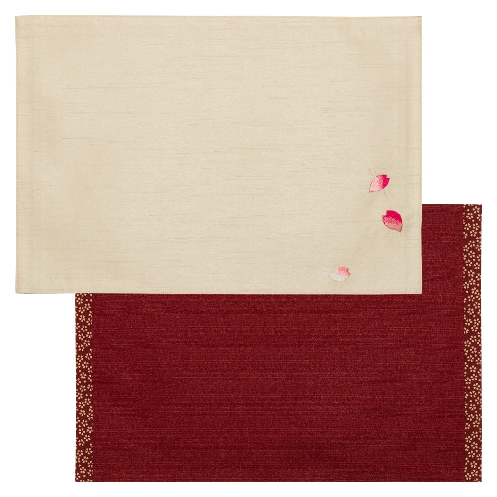 百道発信　花便り　ランチョンマット　オフ (IKI-1462)　リバーシブル　31×45cm　福岡県の布製品　Fabric place mat  Fukuoka craft|お膳・ランチョン|食器・キ