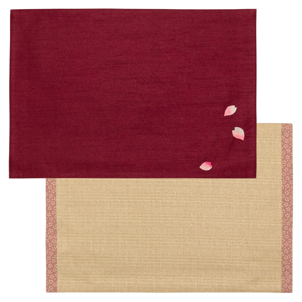 百道発信　花便り　ランチョンマット　レッド (IKI-1462)　リバーシブル　31×45cm　福岡県の布製品　Fabric place mat  Fukuoka craft