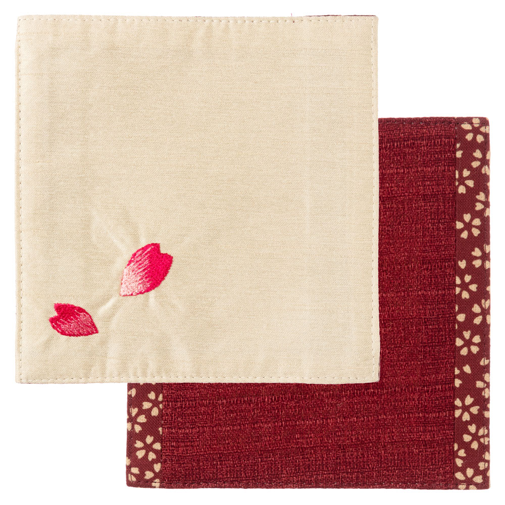 百道発信　花便り　コースター　オフ (IKI-1463)　リバーシブル　11×11cm　福岡県の布製品　Fabric coaster  Fukuoka craft