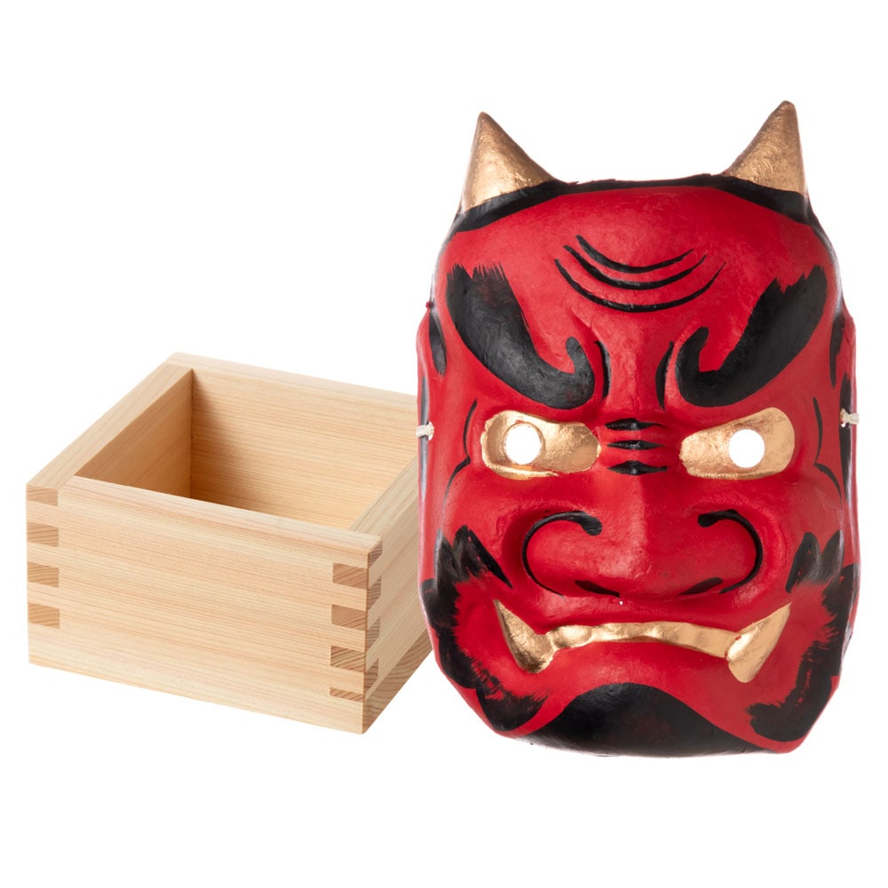 節分セット　ヒノキ枡と鬼の面　二合半枡　福豆用の枡と大人用鬼の面　Wooden measuring box and Japanese paper ogre mask