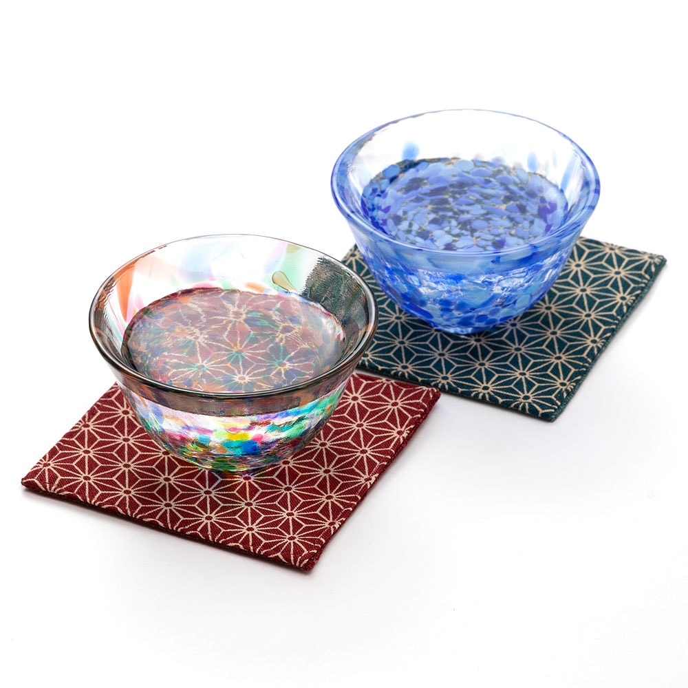 盃、セット売り(15枚セット) 津軽びいどろ盃セット 日本のお祭り 布製ミニコースター付きペアセット