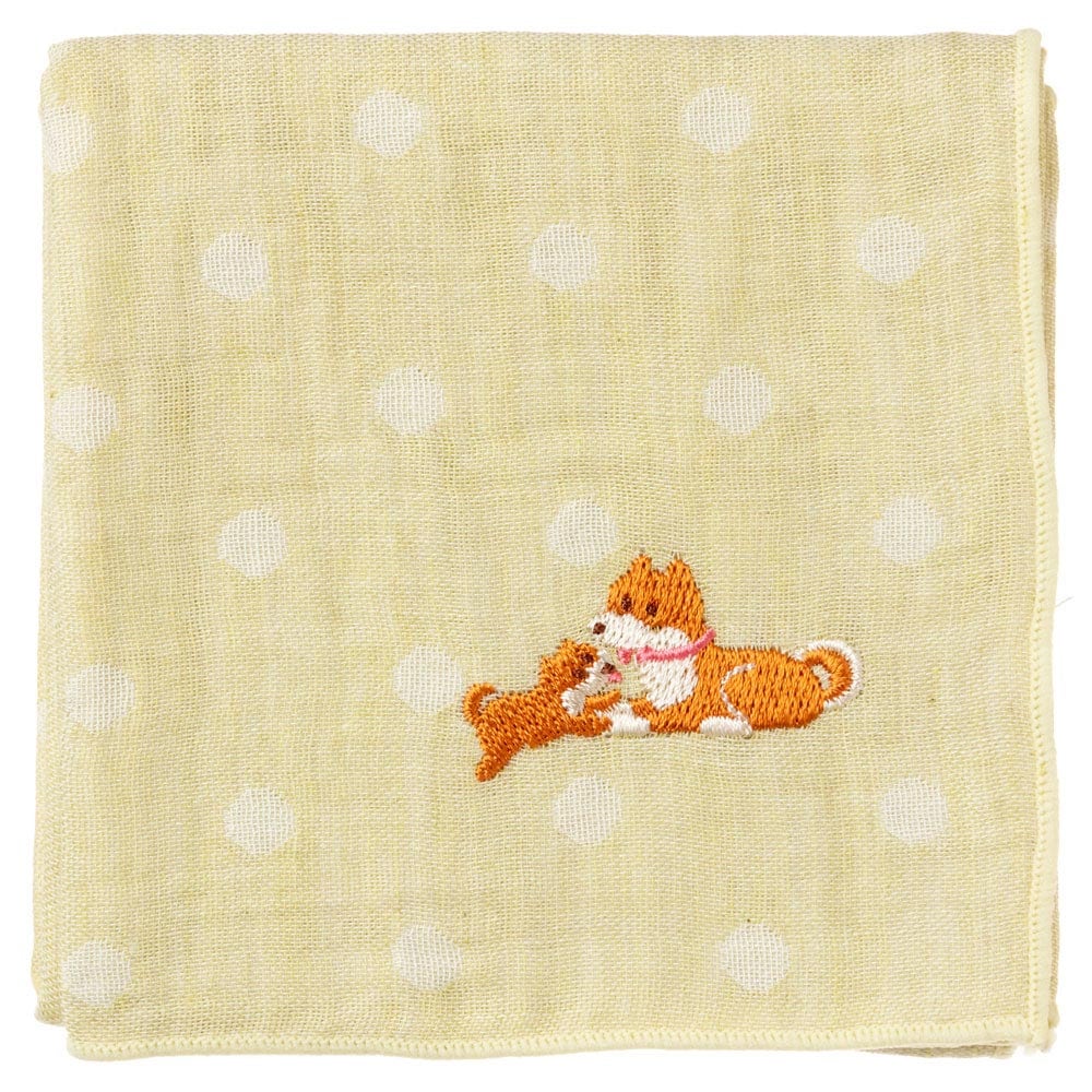 どうぶつのおやこハンカチ いぬ 刺繍入りガーゼハンカチ スーベニール Animal pattern embroidered gauze handkerchief