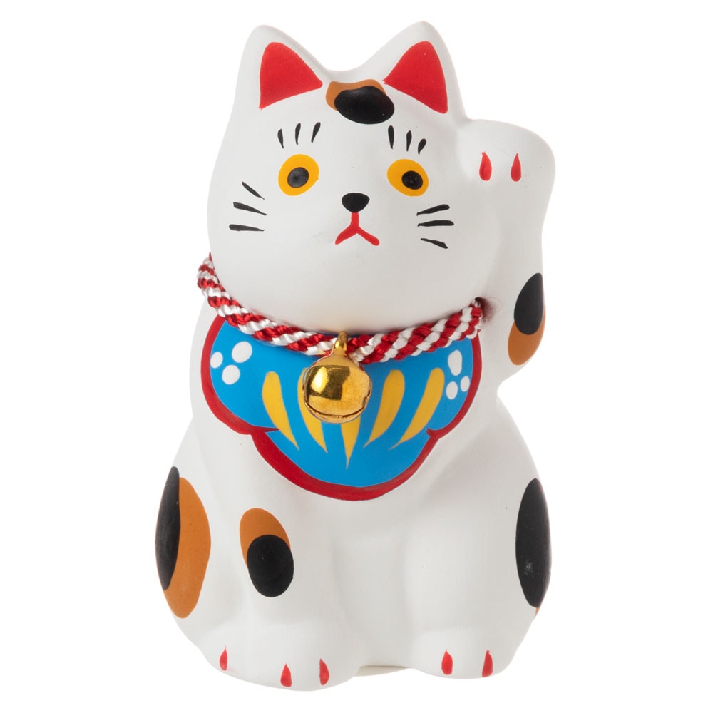 民芸招き猫 白（小）招福 (K4509) 瀬戸焼の置物 愛知県の工芸品 Lucky