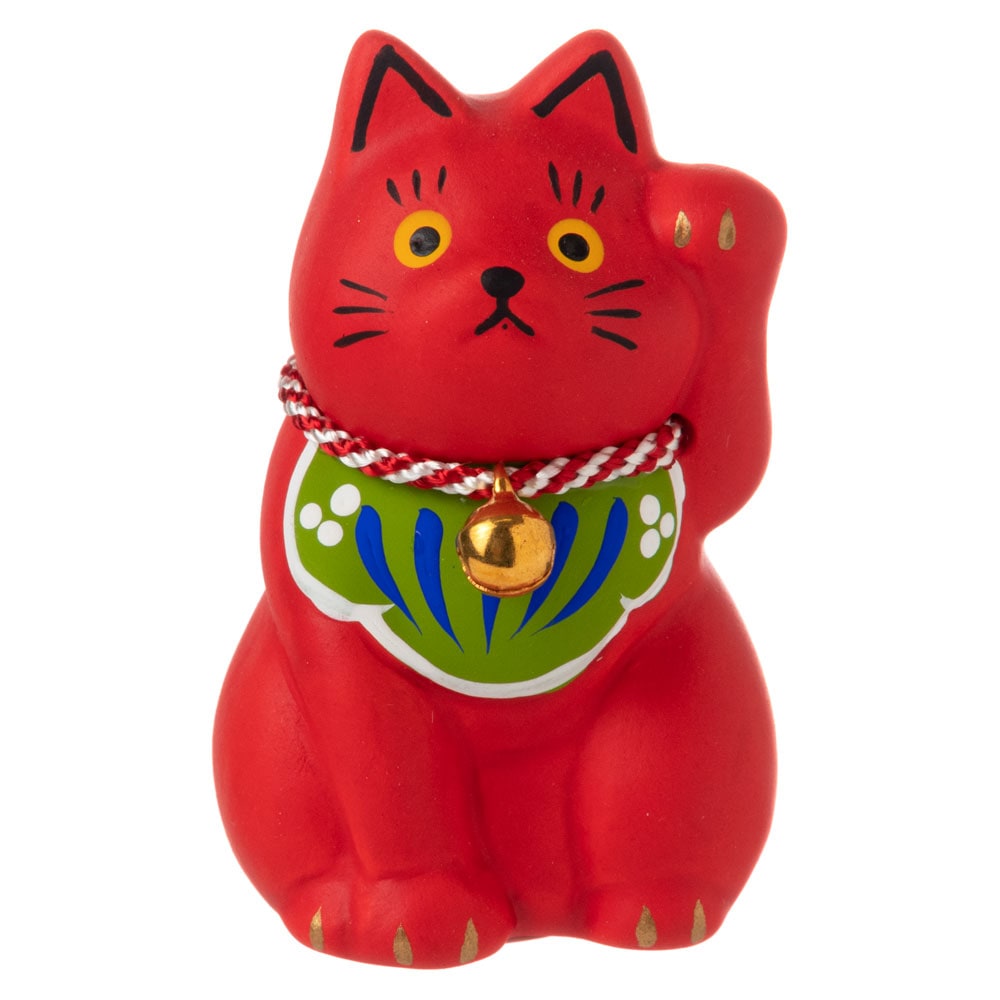 民芸招き猫　赤（小）病除 (K4513)　瀬戸焼の置物　愛知県の工芸品　Lucky cat  Seto-yaki