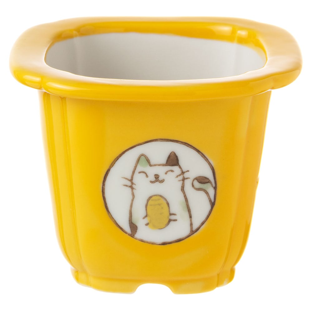 風水猫ミニ植木鉢・黄 (K4631)　瀬戸焼の植木鉢　愛知県の工芸品　Flower pot  Seto-yaki