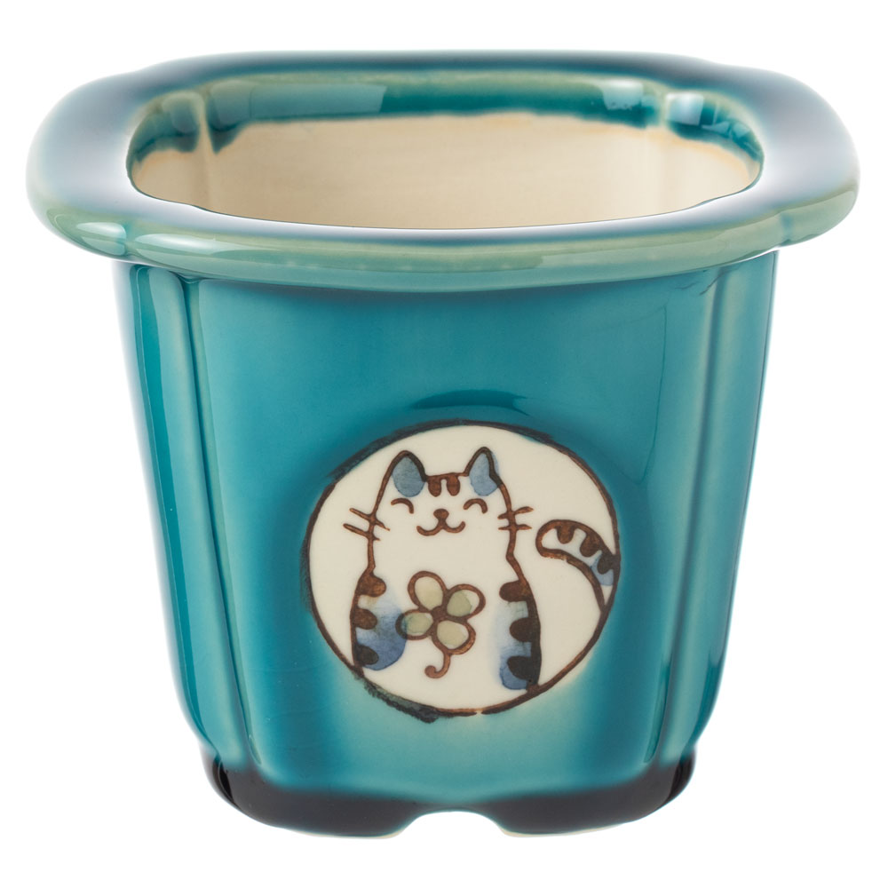 風水猫ミニ植木鉢・青 (K4633)　瀬戸焼の植木鉢　愛知県の工芸品　Flower pot  Seto-yaki|置物|インテリア