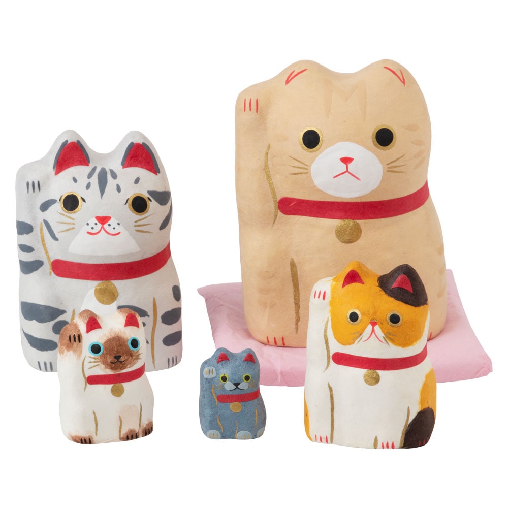 和紙置物　はりこーシカ招き猫（洋）　5匹　Lucky cat made of Japanese paper