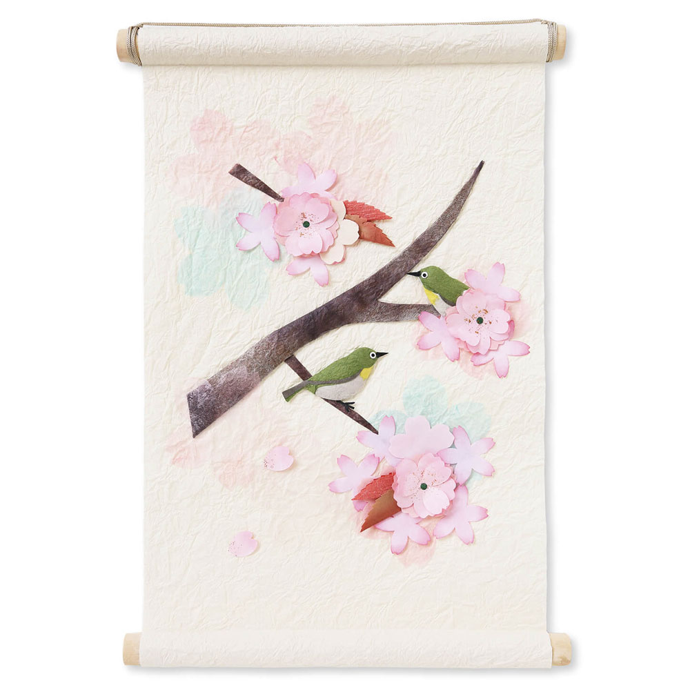 和紙タペストリー　季題掛け軸　桜とめじろ　めでたや　Seasonal decoration  Japanese paper tapestry|タペストリー|インテリア