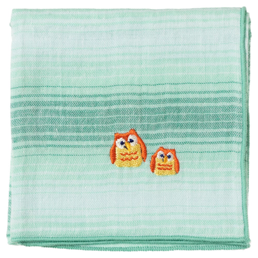 縁起ハンカチ フクロウ(グラデーション) 刺繍入りガーゼハンカチ スーベニール Japanese pattern embroidered gauze handkerchief