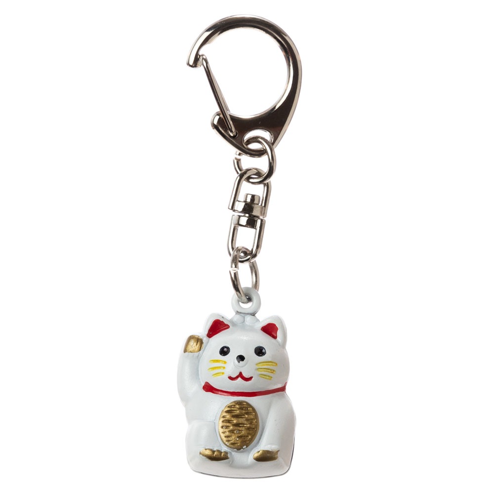 招き猫キーホルダー　白　鈴タイプ　お金を招く右手上げ　金運上昇の小さな縁起物　バッグや財布にも|キーホルダー|和小物