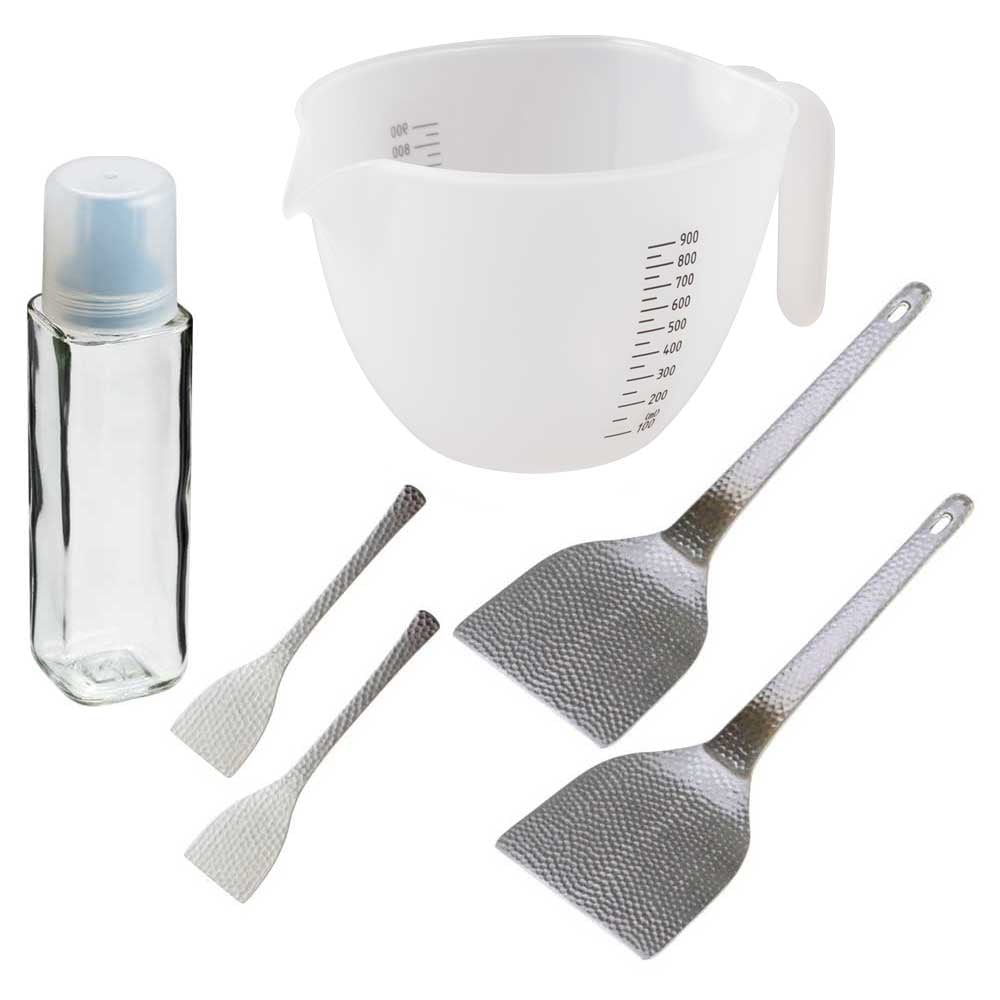 おうちでお好み焼き・もんじゃ焼きセット　ホットプレートを傷つけにくい丁寧加工　槌目模様の和味（なごみ）シリーズキッチンウェア　おこしヘラ・もんじゃヘラ・ボウル・油引き