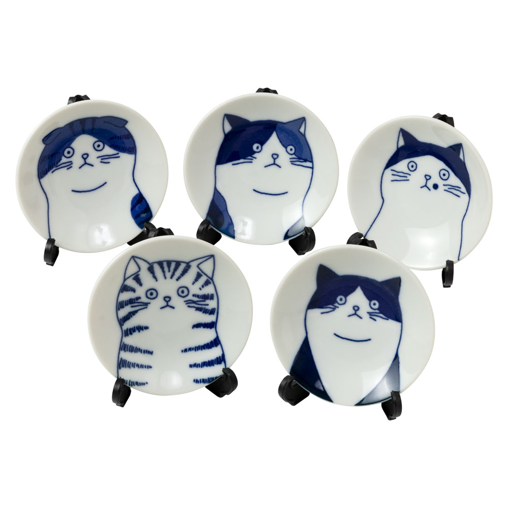 瀬戸焼〈染猫いろいろ・8cm小皿・猫の豆皿5種＋皿立セット〉