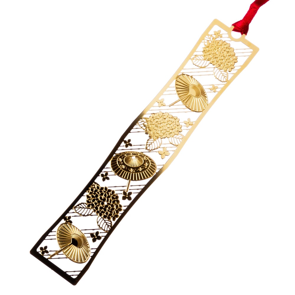 金の栞〈和柄ブックマーカー 紫陽花と和傘〉WAG027|24K表面加工、紫陽花と番傘を精密エッチングで描いた金属製ブックマーカー