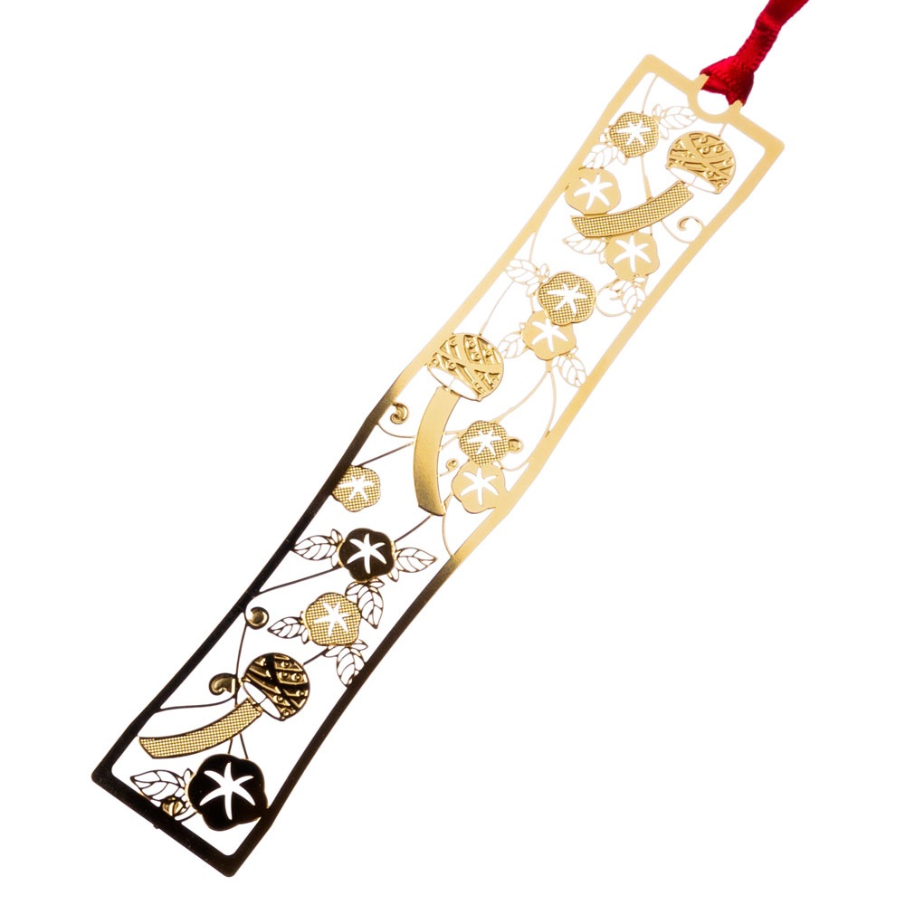 和柄ブックマーカー　朝顔と風鈴 (WAG030)　金の栞シリーズ　24K表面加工　金属製ブックマーカー　Metal bookmark, Japanese pattern|しおり・ブックマーク|和柄ステ