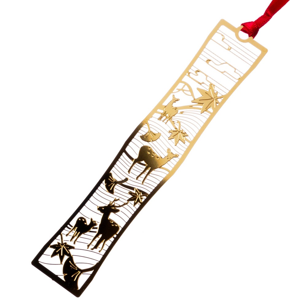 和柄ブックマーカー　若草山と鹿 (WAG032)　金の栞シリーズ　24K表面加工　金属製ブックマーカー　Metal bookmark, Japanese pattern|しおり・ブックマーク|和柄ステ