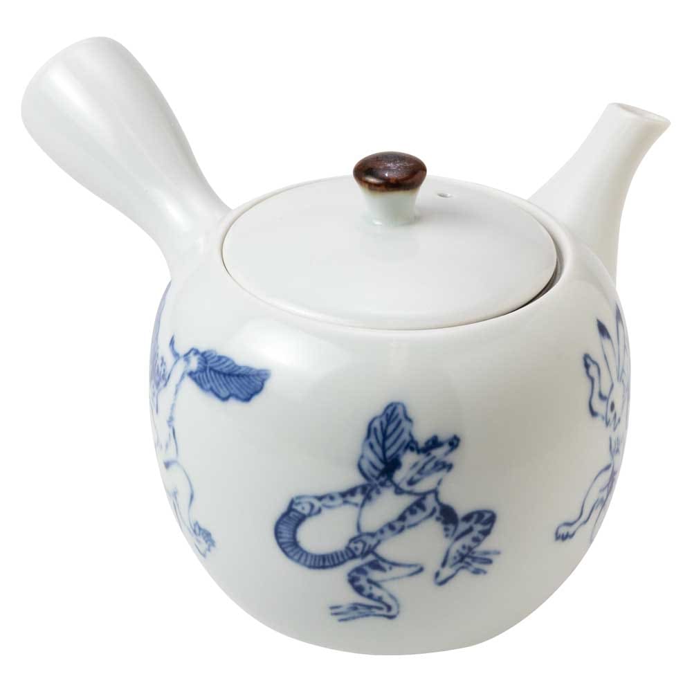 波佐見焼　鳥獣戯画／田楽　急須　ステンレス製茶漉し付き　日本製　磁器ティーポット　兎や蛙が楽しげに歌い踊る様子を銅版転写で絵付け　BARBAR マルヒロ　長崎県の工芸品　Teapot  Chojugiga-Dengaku  Nagasaki craft