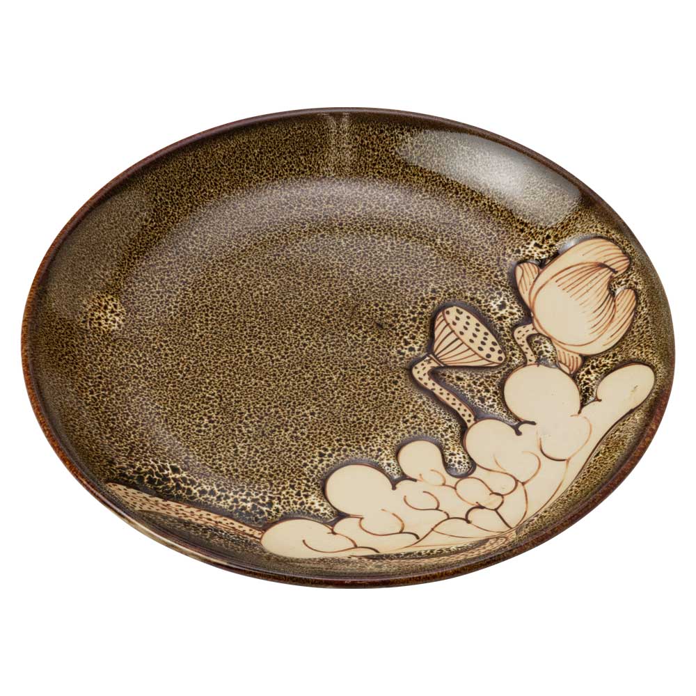 バッチャン焼　大皿　直径24.5cm　ロータス・蓮柄　ベトナムの素朴で温かみのある陶器　B?t Tr?ng platter  Vietnam craft