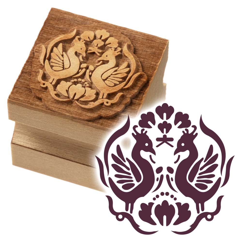 版木スタンプ　向い鳳凰　京からかみ　木版ミニスタンプ　木製・朴　季節のお便り　年賀状　便箋　手紙　京都府の工芸品