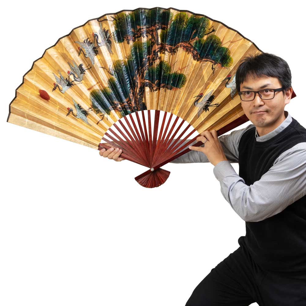 金の巨大扇子　鶴七羽　125×76cm　インテリア・コスプレグッズに　ハロウィン　Golden huge fan|扇子・団扇|和小物