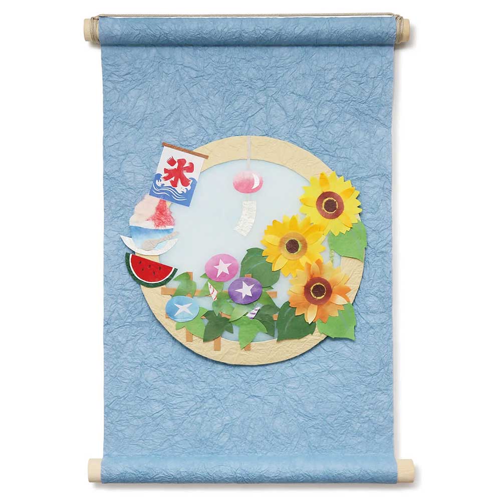 めでたや　季題掛け軸　夏づくし　玄関やお部屋に飾れるコンパクトな和紙タペストリー　ひまわり　朝顔　すいか　かき氷　Seasonal decoration  Japanese paper