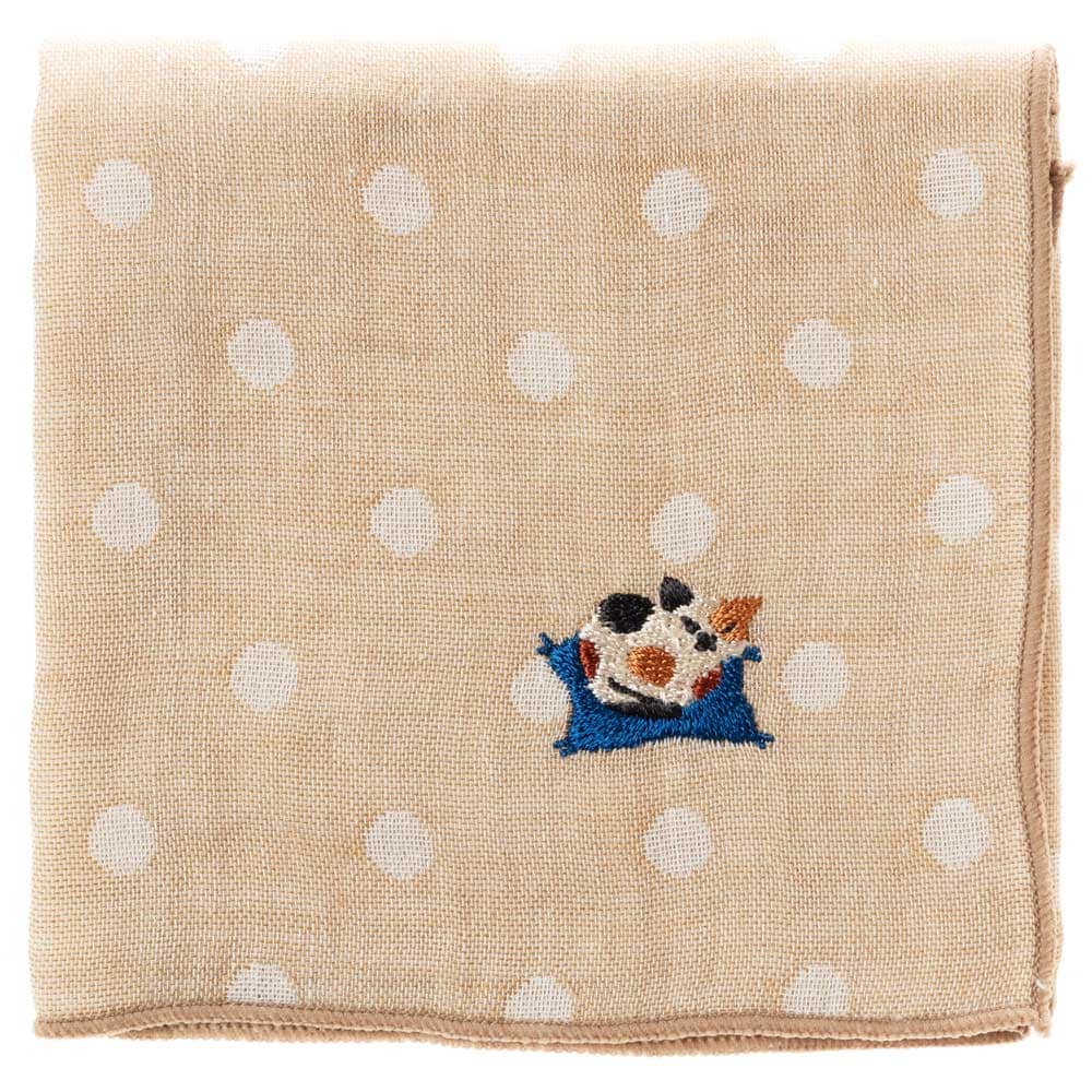にゃんこハンカチ　三毛猫ベージュ（ドット）　刺繍入りガーゼハンカチ　スーベニール　Cat pattern embroidered gauze handkerchief|ハンカチ|和小物