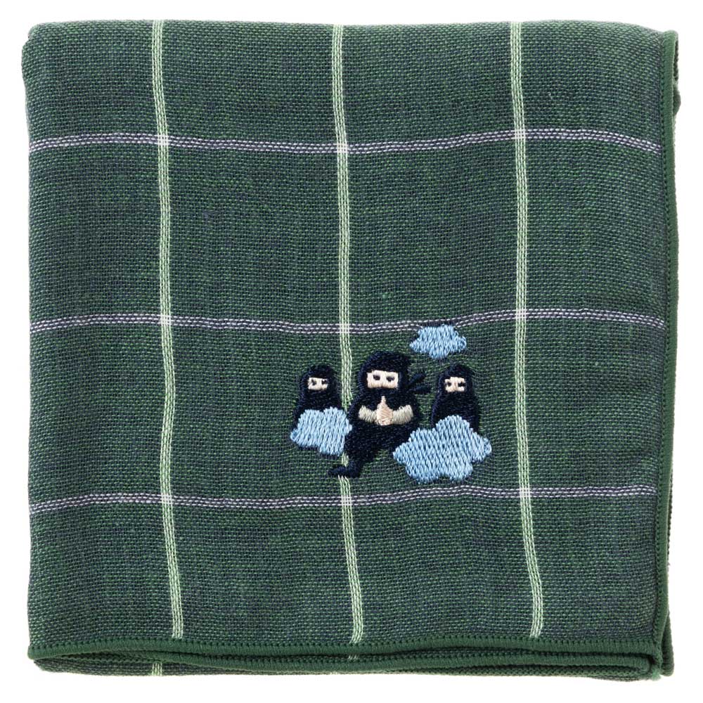 スーベニール　忍者ハンカチ　分身の術（グリッド）　刺繍入りガーゼハンカチ　Japanese pattern embroidered gauze handkerchief