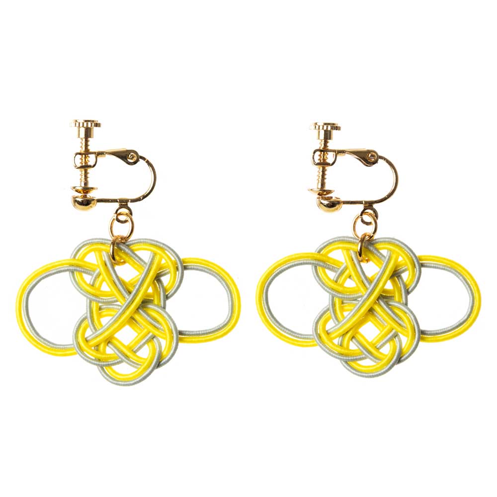 kyuu -きゅう- あわじ結びイヤリング イエロー 就労支援事業所で製作された水引アクセサリー 桐箱入り 日本製 和装 洋装 冠婚葬祭