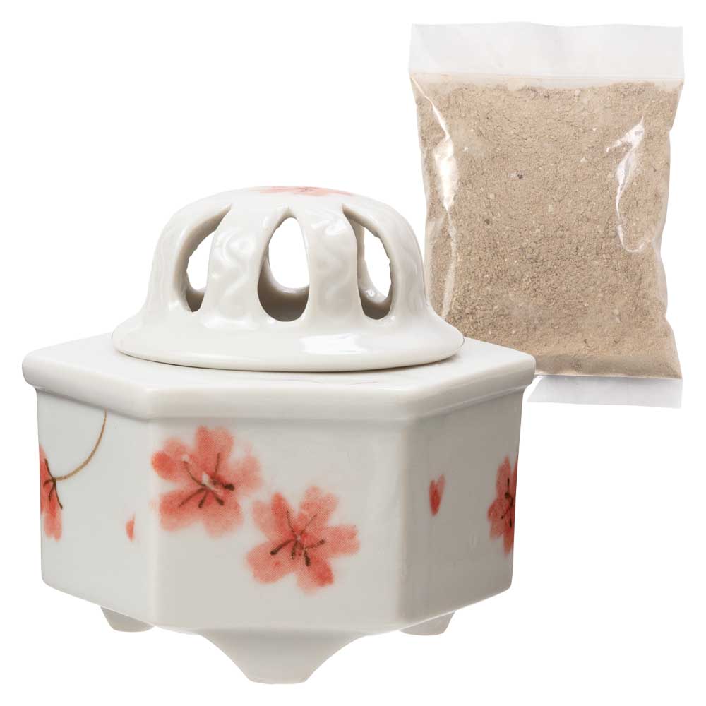 瀬戸焼　赤花六角香炉＋香炉灰セット　お香　練香　香木　空薫　インテリア　愛知県の工芸品