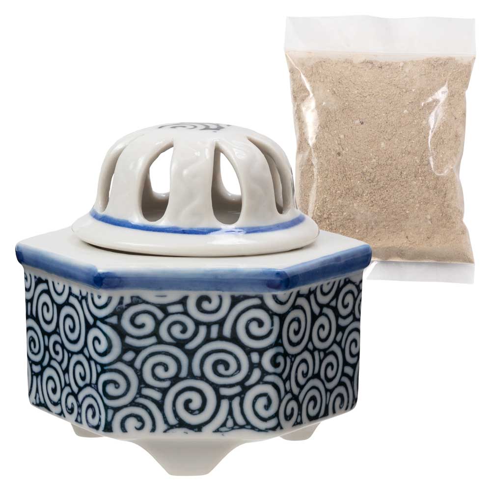 瀬戸焼　六角香炉　渦＋香炉灰セット　お香　練香　香木　空薫　インテリア　愛知県の工芸品