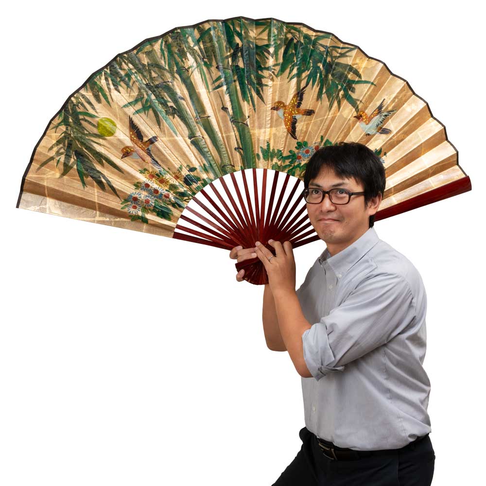 金の巨大扇子 竹雀 125×76cm インテリア・コスプレグッズに ハロウィン