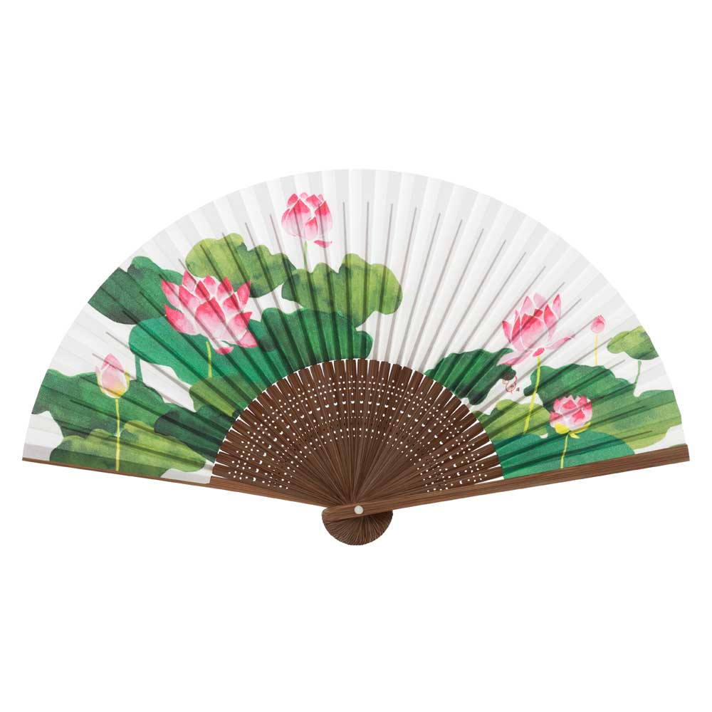 和詩倶楽部 女房扇〈蓮〉和紙・六寸五分・手張り製｜職人仕立ての、水彩画柄扇子