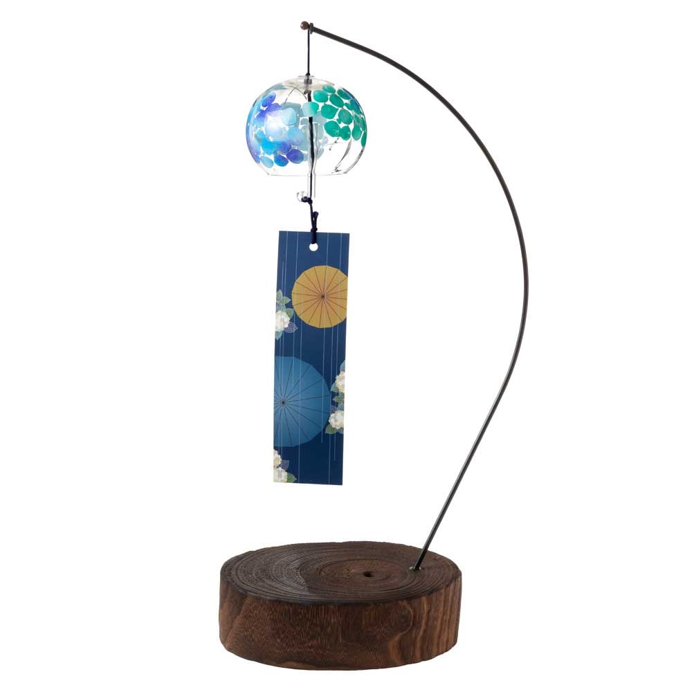 木之本 ぎやまん風鈴+スタンドセット あじさい 室内卓上飾り用 クリスタルガラス ハンドクラフト 和風和柄のウィンドチャイム 日本製 福島県の工芸品