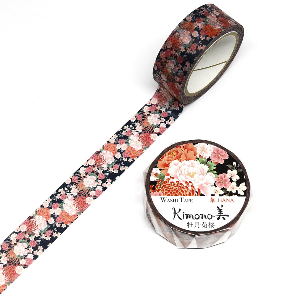 SAIEN　Kimono美　華HANA　マスキングテープ　牡丹菊桜 15mm (GR-1009)　7m巻　友禅柄タイプ　金箔グラデーション　和紙ステーショナリー|マスキングテープ|和柄ステーショナリー
