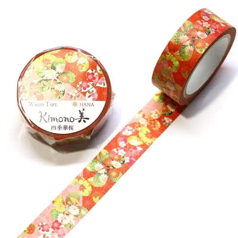 SAIEN　Kimono美　華HANA　マスキングテープ　四季華桜 15mm (GR-1019)　7m巻　友禅柄　金箔グラデーション　和紙ステーショナリー