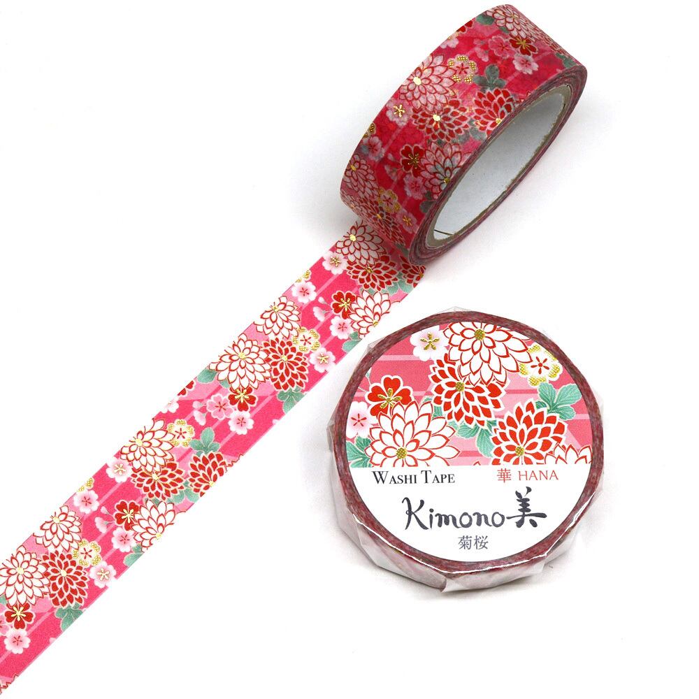 SAIEN　Kimono美　華HANA　マスキングテープ　菊桜 15mm (GR-1041)　7m巻　友禅柄　金箔グラデーション　和紙ステーショナリー