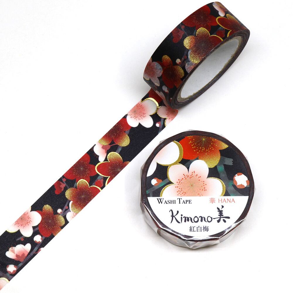SAIEN　Kimono美　華HANA　マスキングテープ　紅白梅 15mm (GR-1043)　7m巻　友禅柄　金箔グラデーション　和紙ステーショナリー
